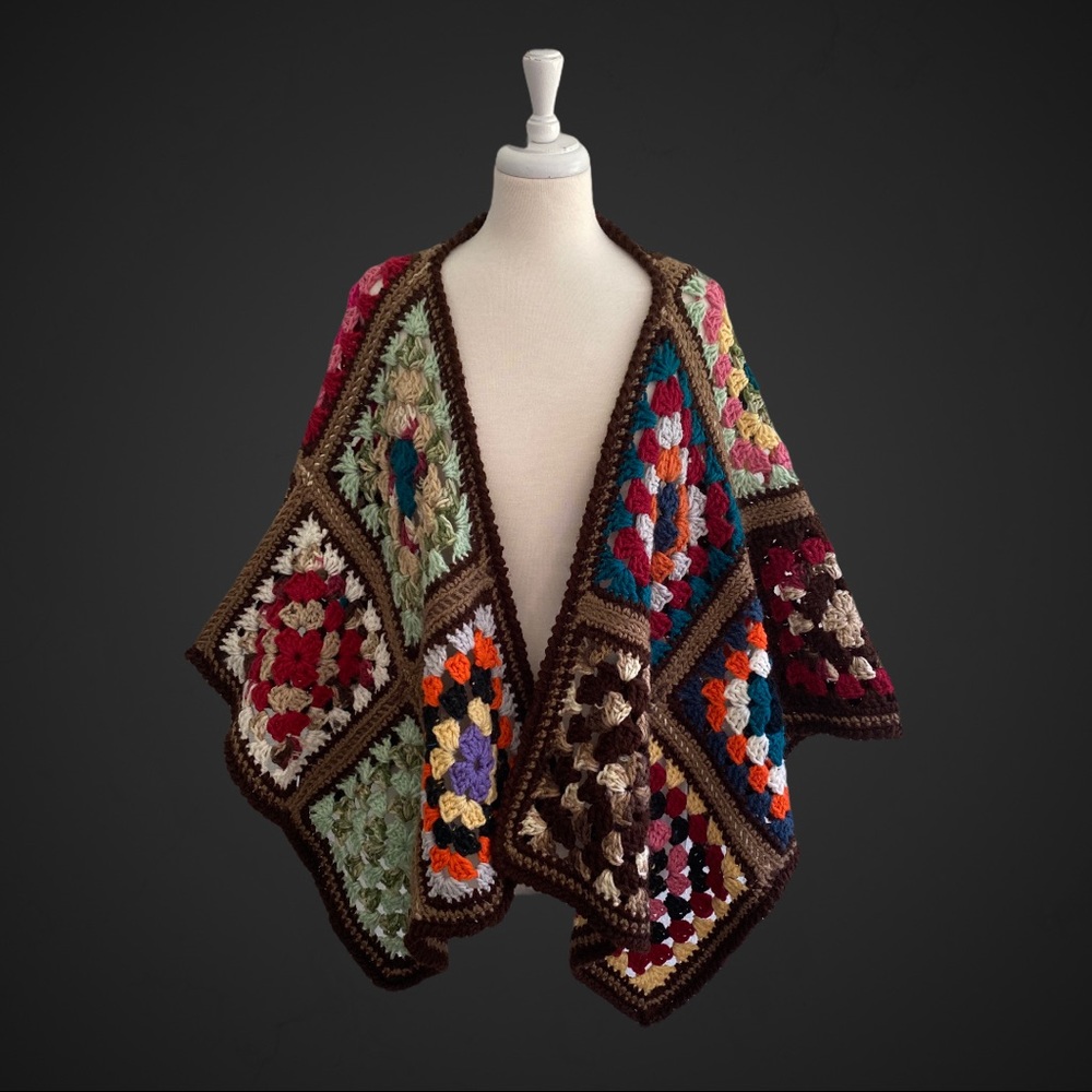 Hand Crochet Granny Square Shawl Handcrafted Boho